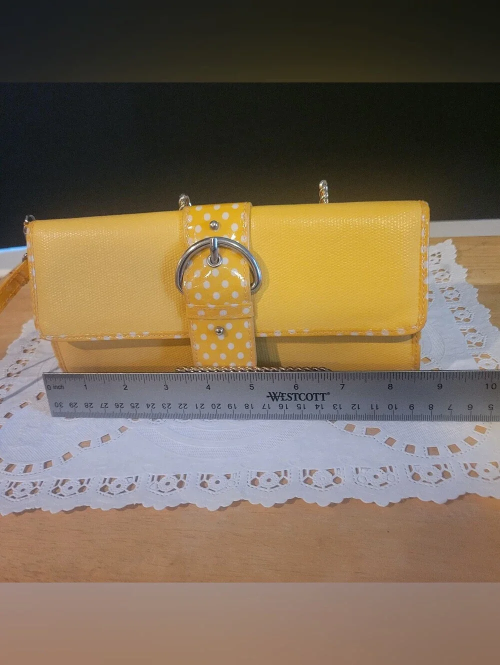 Woman's Mustard Yellow Clutch Alex's Lemonade Polka Dot Band